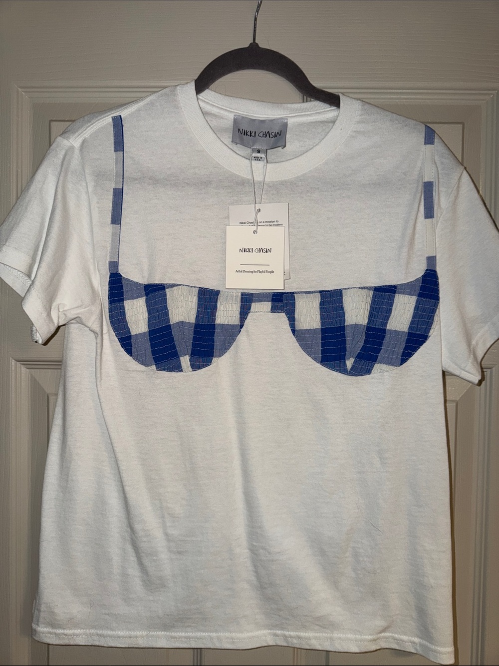 Nikki Chasin White Tee with Blue Plaid Appliqué